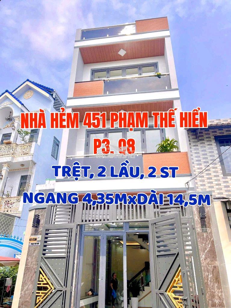 Nhà xây mới tuyệt đẹp, hẻm xe hơi: 451 phạm thế hiển, 1trệt, 2lầu, st