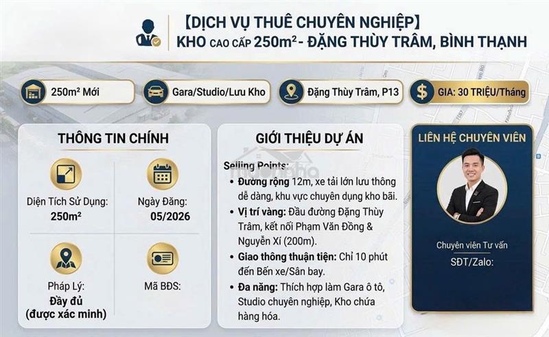 Nhà kho diện tích 250 m2,làm gara, studio, để hàng- bình lợi, hcm
