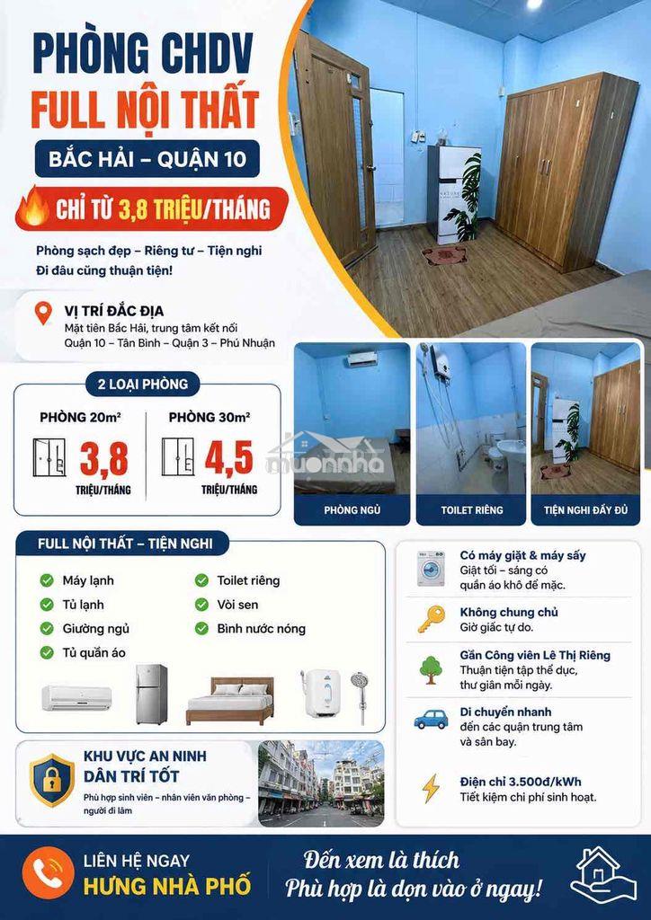 Chdv full nt bắc hải rộng rãi chỉ 3,8 tr-wc riêng-có máy lạnh,đầy đủ
