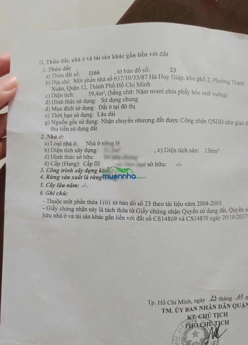 Nhà q12 chủ quyền riêng hẻm ô tô thông 1/ thạnh xuân 33 sát chợ thạnh xuân, 1 lầu 2pn, 3wc.
