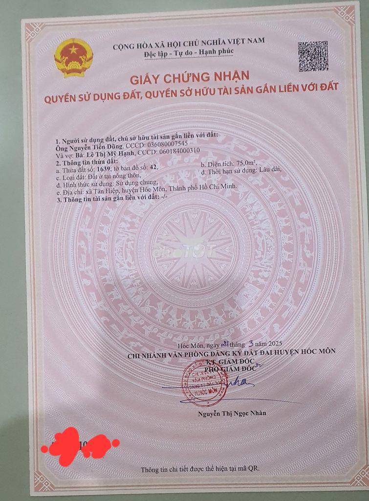 Tôi chính chủ cần bán 75 m đất thổ cư 1/tân hiệp 18