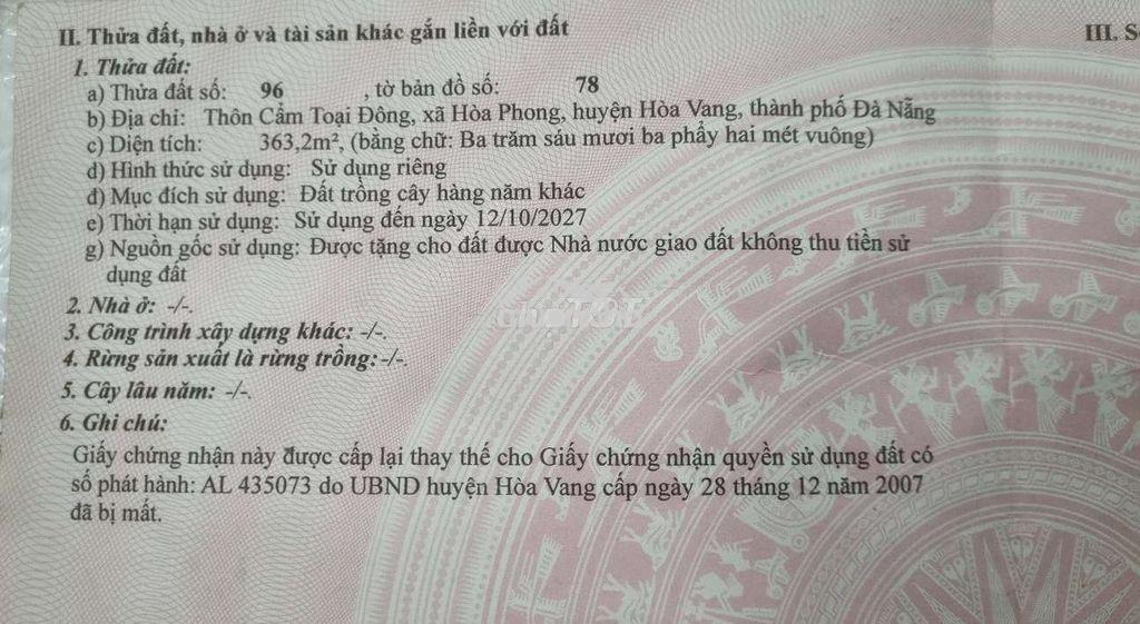 363m, gần ubnd hòa vang và chợ túy loan, cạnh nhà dân, ô tô tận nơi  - 4