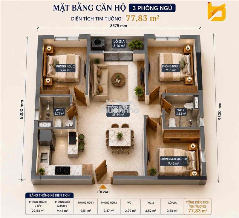 Căn hộ mặt tiền - 3pn - tầng đẹp - view sang - b2.15-15