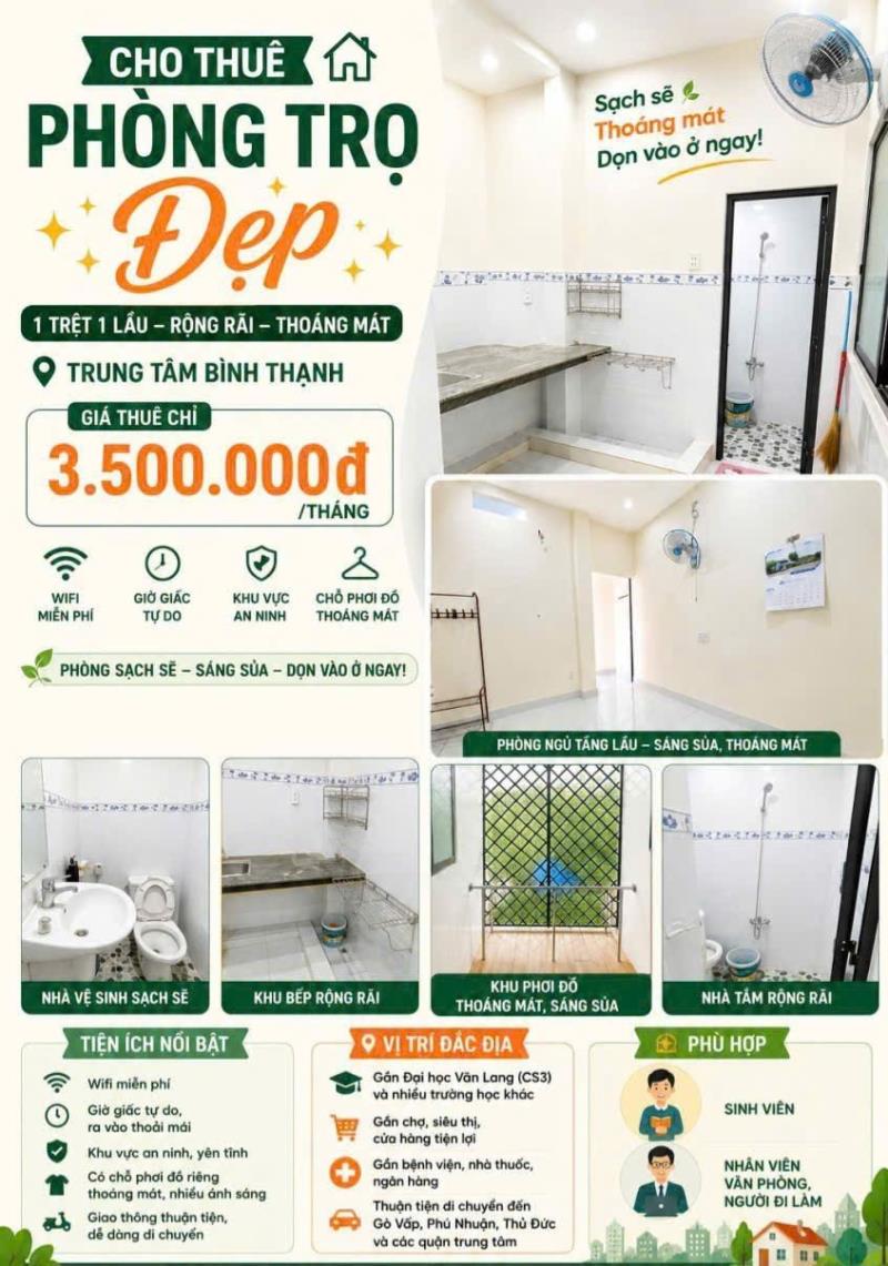 Cho thuê phòng 1 trệt + 1 lầu - có ban công ở nguyễn xí , bình thạnh
