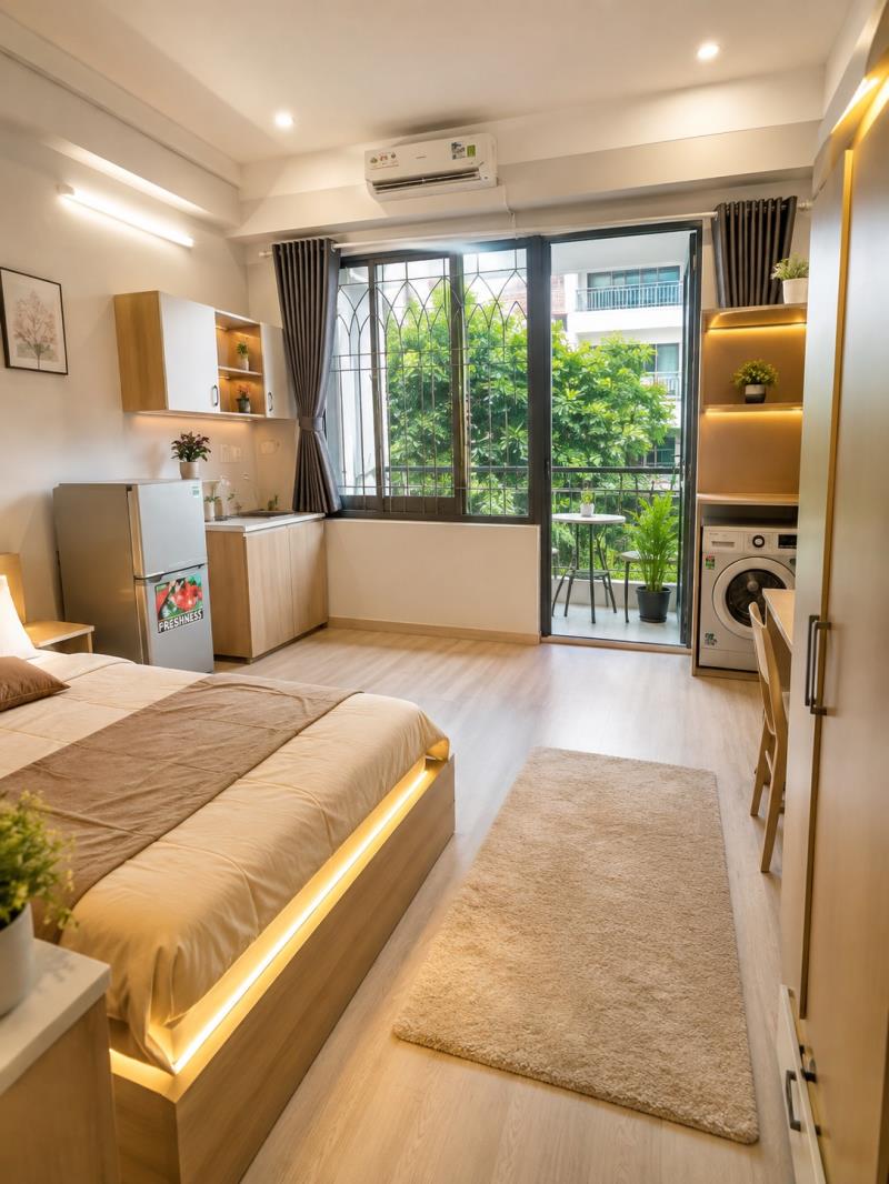 Studio ban công | full nội thất | máy giặt riêng | ngay đại học văn hiến