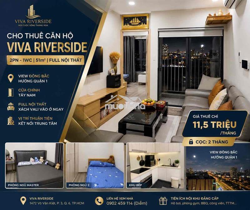 Cho thuê căn hộ viva riverside – 2pn | full nội thất | view q1|11,5tr